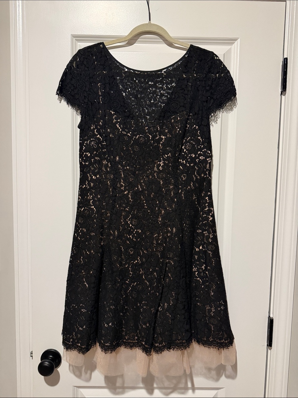 Eliza J Black Lace Fit-and-Flare Dress with Nude Underlay
